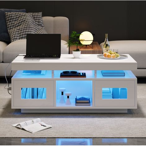 Tavolino da salotto in truciolare bianco lucido 100x50x43 cm con LED RGB, presa e USB, con contenitori (1/5)
