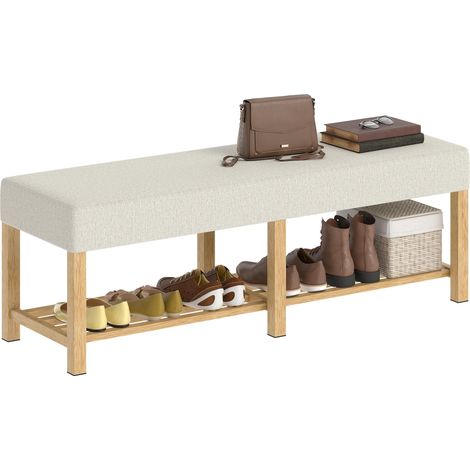 Banc à chaussures en bois massif de 140 cm, banc d'entrée moderne avec assise rembourrée pour deux personnes, bois naturel et blanc crème (1/5)