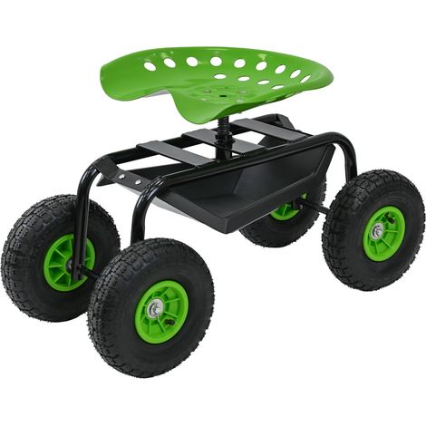 Gartenscooter mit Ablage Stahl 150 kg Sitzhöhe 44-52 cm Sitz 360° drehbar Lufträder in Schwarz-grün (1/5)