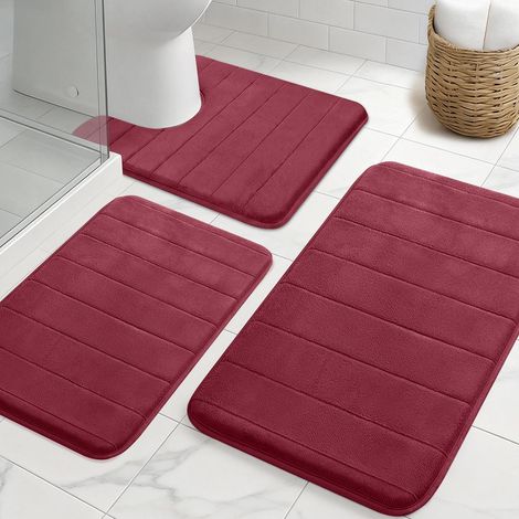 Lot de 3 tapis de bain en mousse à mémoire de forme, antidérapants et absorbants, lavables, doux et à séchage rapide, tapis de salle de bain pour douche, WC et baignoire, bordeaux (1/5)
