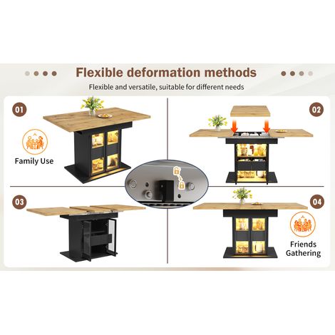 Table à manger extensible blanche et noire en MDF avec rangement, éclairage LED RGB et portes vitrées pour cuisine et séjour (1/5)