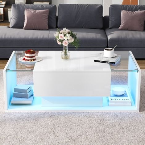 Table basse avec 1 tiroir et bande LED – Table d'appoint en verre trempé, table de salon haute brillance, table de salon blanche au design minimaliste