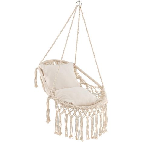 COSTWAY Silla Colgante Exterior/Interior con Flecos, Hamaca Colgante con 2 Cojines De Asiento Suaves, Cuerda y Cadena para Colgar, Columpio para Dormitorio, Patio, Patio Trasero, Máximo 150 Kg (1/5)