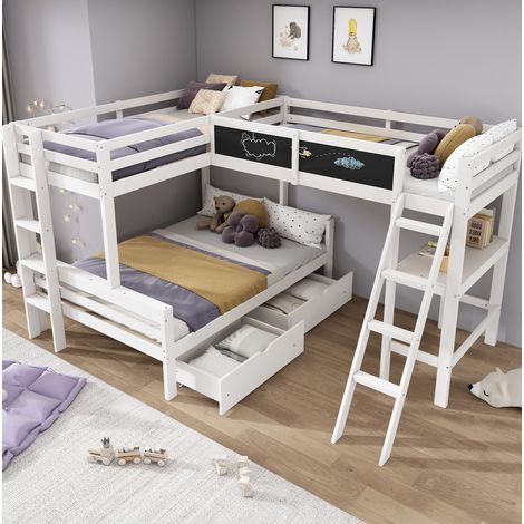 Letto a castello per 3 bambini 140x200 cm e 90x200 cm bianco e rovere in legno massello con scrivania e cassetti (1/5)
