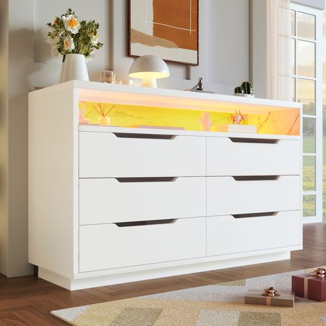 Buffet blanc, commode avec éclairage LED et 6 tiroirs, meuble de rangement avec grain de marbre, pour salon et chambre, 120x40x85cm (1/5)