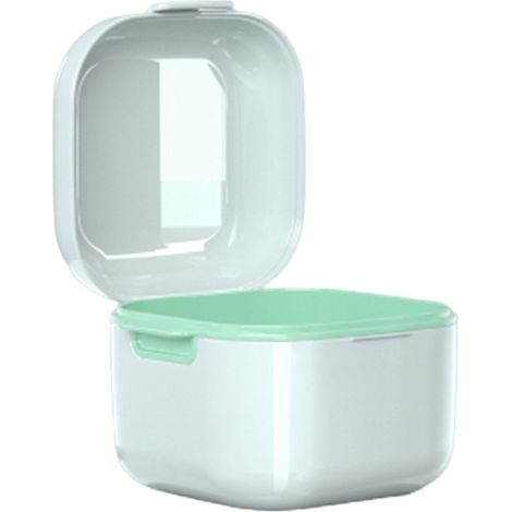 Boîte de rangement pour prothèses dentaires avec passoire, contenant de rangement et de nettoyage pour fausses dents, turquoise et blanc (1/5)