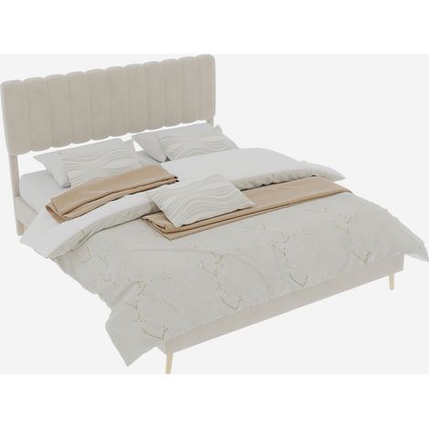 Lit Double en Velours Beige avec Cadre Métallique, Couchage 160 x 200 cm, sans Matelas, Montage à Faire (1/5)