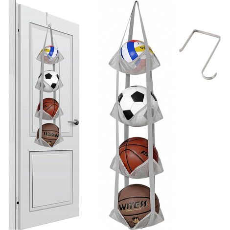 Organisateur de Ballons en Filet à 4 Niveaux, Support de Ballons Vertical à Fixation sur Porte pour Basket, Football, Volleyball, Jouets, Rangement Gain de Place pour Garage, Maison et sous-Sol (1/5)