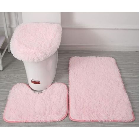 Set aus 3 Mikrofaser-Badematten, WC-Konturmatte + Badematte + WC-Sitzbezug, rosa, rutschfest und extrem saugfähig, für moderne Badezimmer