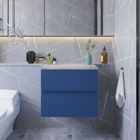 Hudson Reed Urban Wall Hung 2-Drawer Vanity Unit with Bellato Grey Worktop 600mm Wide - Satin Blue (1/5)