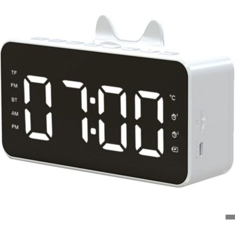 Haut-Parleur Réveil LED - Bluetooth 5.0 - Radio FM - Lecteur Carte TF Jusqu'à 32 Go - Affichage Température - 14 x 4,2 x 8,5 cm - Blanc (1/5)