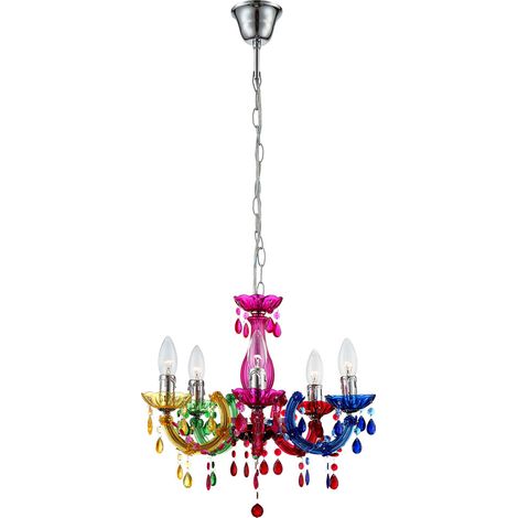Globo – Lustre suspendu acrylique chrome coloré – 5xE14 40W – Hauteur 1280mm – Diamètre 440mm – Éclairage salle à manger – 631185