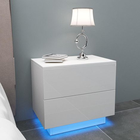 Dripex Table de chevet avec éclairage LED, table d'appoint à 2 tiroirs, table de canapé, meuble de chevet pour chambre et salon, 55 x 37 x 50 cm, blanc brillant (1/5)