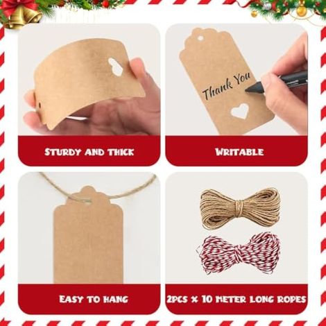 100 Pcs Etiquette Cadeau Noel, Étiquettes en Papier Kraft, Étoile Rectangle Étiquettes Cadeaux, avec Ficelle 20m, pour Cadeaux, Bouteilles, Sacs (1/3)