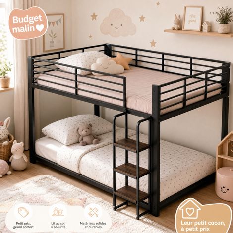 Letto a castello 140x200 cm in MDF e metallo con scale in legno, nero HAVRYA (1/5)