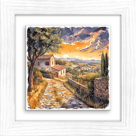 Lupia - Quadro moderno con paesaggi e localismi italiani, Ceramica e Stampa Rilievo, Cornice Legno Shabby Modern bianca, Decorazione, Quadretti Soggiorno, 29x29 cm, PUGLIA PAESAGGIO VALLE D'ITRIA (1/4)