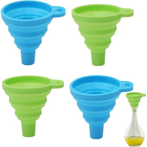 Lot de 4 entonnoirs : petit entonnoir pliable, entonnoir de cuisine en silicone (bleu et vert), idéal pour remplir les bouteilles d'huile, d'eau et de sauces. (1/5)