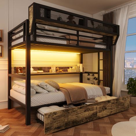 Cama alta moderna 90x200 cm de metal y MDF negra con estantes, 2 cajones metálicos, cesta lateral y LED (1/5)