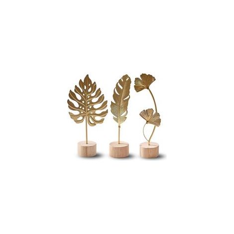 Set de 3 Sculptures Décoratives Dorées – Feuille de Ginkgo, Monstera et Plume en Métal avec Socle en Bois, Statue Décoration Intérieur, Déco Salon Moderne, Décoration Bureau ou, Objet Art Déco Maison