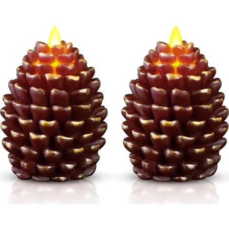 Bougies de Pinecone de Noël sans flamme. Bougies à batterie avec Wick clignotant. Fausse bougie à l'intérieur. Bougie de Noël Pin Cones Décor de vacances. Ensemble de 2 (1/4)