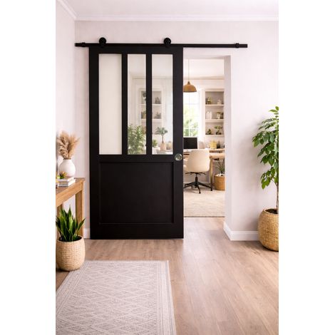 Porta scorrevole da officina rivestita di nero, larghezza 83 + binario in acciaio nero + 2 gusci installati