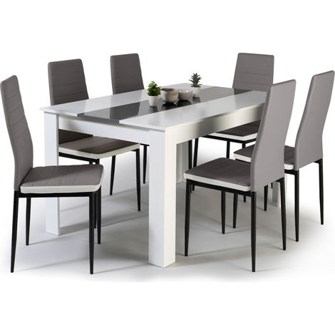 Idmarket – Ensemble table à manger 140 cm blanche et grise – 6 chaises ROMANE grises liseré blanc – Design moderne et finitions soignées