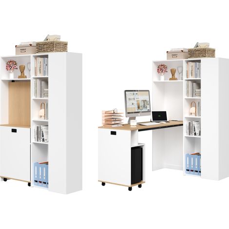Bureau d'angle Chêne clair en MDF et bois, Avec 2 Niveaux et Étagères Réglables, 104,5 x 30,5 x 160cm - pour bureau, salon (1/5)
