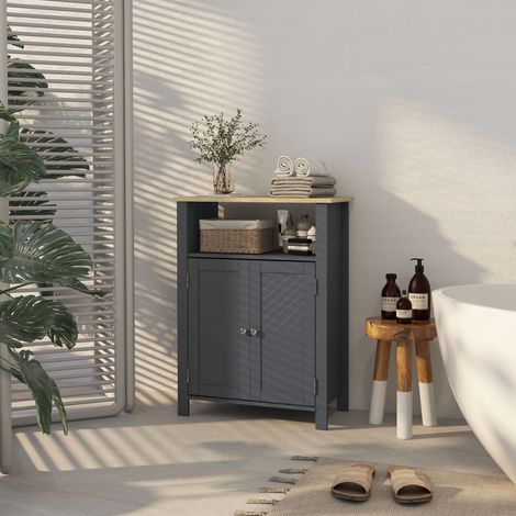 Badezimmerschrank mit 3 Ablagen aus MDF und Spanplatte, verstellbarem Einlegeboden und 2 Türen, 60 x 30 x 80,5 cm, Grau und Holzoptik