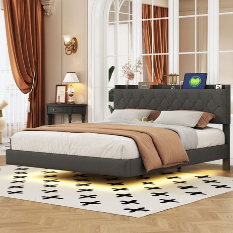 Polsterbett Stoff Grau 160x200 cm mit LED-Lichtleiste, Ladeanschluss, Stauraum und Lattenrost