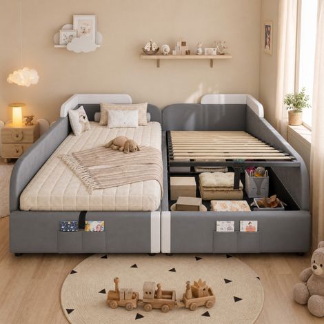 Cama infantil tapizada 205x187x71 cm blanca y gris de terciopelo con almacenaje hidráulico (1/5)