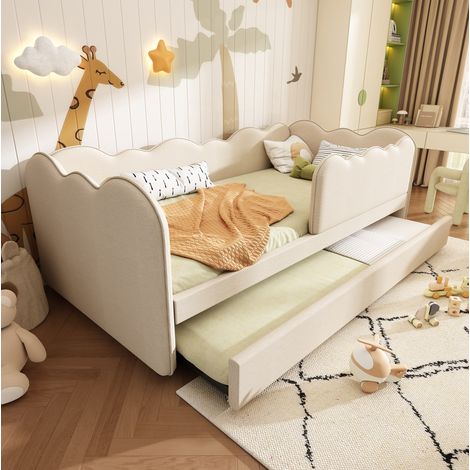 Cama nido 90x190 cm beige en lino con cama extraíble y barrera desmontable (1/5)