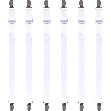 Paquete de 6 tensores de sábanas ajustables para sábanas, pinzas para sujetar las sábanas, esquinas de cama, habitación infantil, tabla de planchar y colchón (blanco) (1/5)
