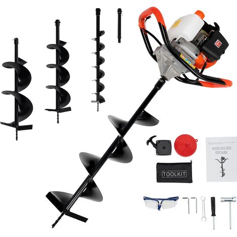 HAUTOUR Tarière à essence 52 cc - Moteur monocylindre à 2 temps - Tarière Thermique manuelle avec 3 pointes (10 cm/15 cm/20 cm) et barre d'extension - 8500 tr/min pour foreuse de jardin, chantier (1/5)