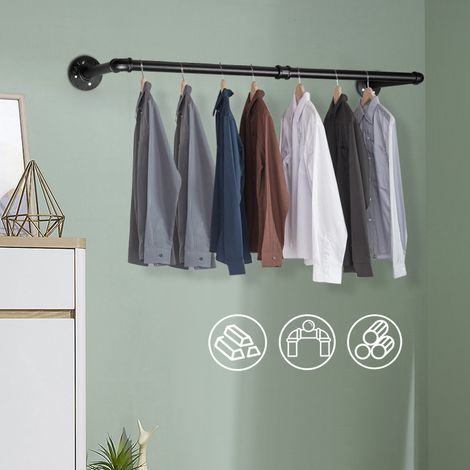 Portemanteau mural, Barres de suspension pour vêtements en tuyaux industriels,92 x 25 cm, capacité de 65 kg, installation facile, pour espace réduit, Noir (1/5)