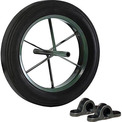 Roue de brouette pleine Ø400mm – Bandage caoutchouc noir – Charge 200 kg – Pour tous terrains – Paire de coussinets en fonte – Guitel (1/3)