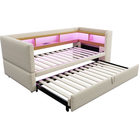 Lit canapé convertible 90/180 x 190 cm beige avec LED, prises et rangements, MODENUIT (1/5)