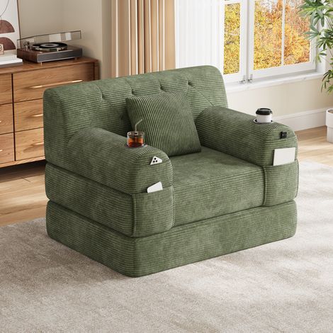 Sofá cama individual 162x107x60 cm de pana verde, ahorra espacio (1/5)
