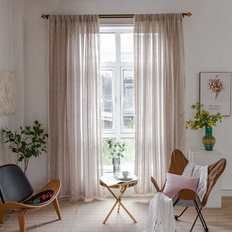 Rideaux de Ferme en Lin à Franges Brodées - pour Chambre à Coucher - avec Poches pour Tringle