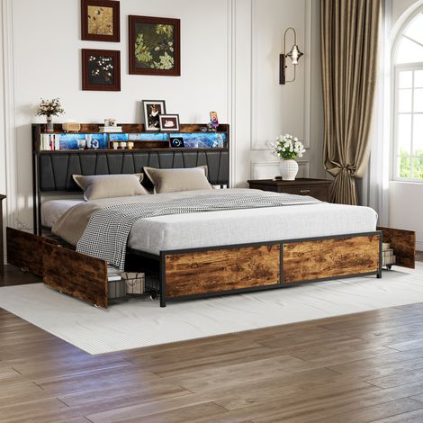 Lit double 180x200 avec 4 tiroirs, lit en métal avec USB et LED, lit pour adolescent avec sommier à lattes, PU noir (1/5)