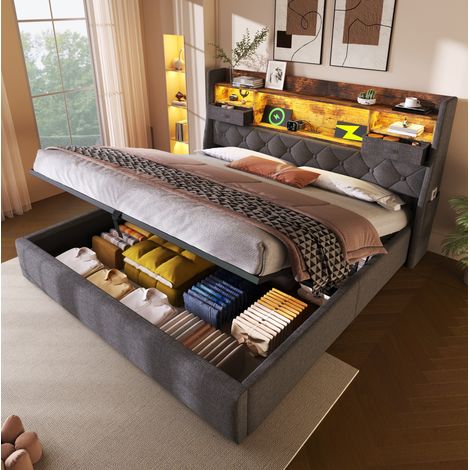 DESVIAE Lit double 140 x 190 cm avec rangement hydraulique tête de lit LED ports USB et Type C étagère de chevet poche latérale sommier inclus gris en tissu aspect lin (1/5)