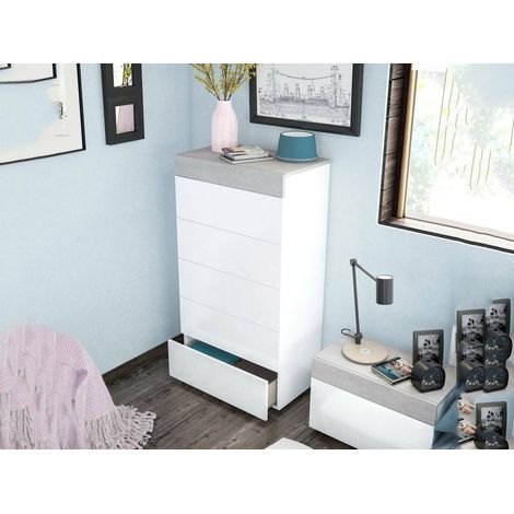 Dmora - Cajonera Dferri, Semanal con 5 cajones, Tocador para dormitorio, Cómoda moderna, 61x40h118 cm, Blanco (1/5)