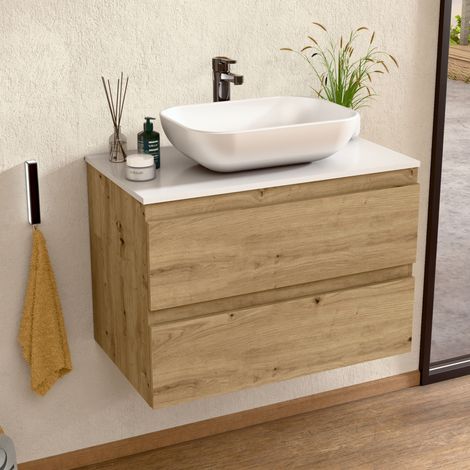 BELLOBATH – Hängender Waschtischunterschrank mit Keramikwaschbecken, Schrank mit 2 Schubladen, 60 x 55 x 46 cm, Eiche und weiße Platte