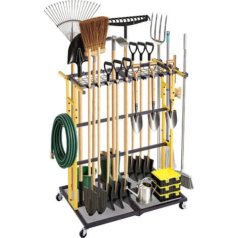 Organisateur d'Outils de Jardin avec Roulettes et Clips, Grand Support de Rangement en Acier pour Râteaux, Pelles, Balais et Outils à Long Manche, pour Garage, Abri de Jardin et Pelouse, Noir (1/5)
