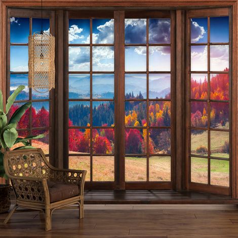 Papier peint panoramique Trompe l'oeil Fenêtre en bois - Forêt automne - 130 cm x 104 cm (1/5)