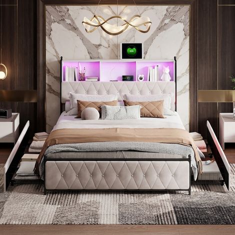 SYEKLAOO Lit Double Capitonné,lit avec USB&Type-C Intégrées,Lit LED avec 4 Tiroirs de Rangement,Facile à Assembler,Velour,Beige-160x200cm (1/5)