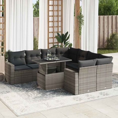 Salon de jardin 9 pièces en résine tressée grise avec coussins et table relevable - PANGIVO (1/5)