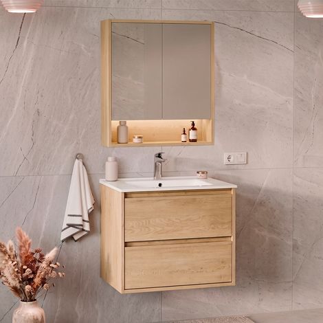 Conjunto mueble con lavabo simple empotrado 60cm y armario con espejo Edmé Bois (1/4)