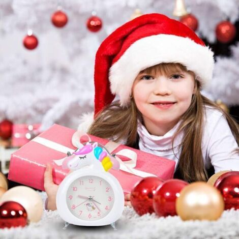 QORVA-Réveil pour enfants horloge silencieuse avec veilleuse et alarme forte à Pôles mignon licorne double cloches horloge (blanc)-Fei Yu