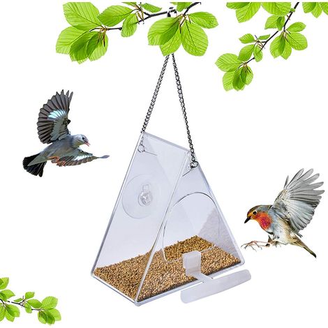 Mangeoire à oiseaux transparente en acrylique pour fenêtre avec plateau à graines coulissant et ventouses (1/5)