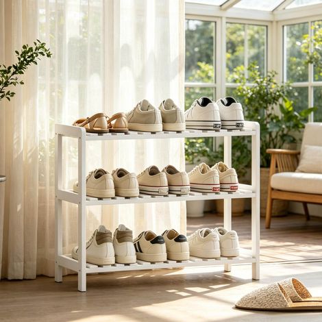Zapatero de 3 estantes de madera de pino y MDF blanco 70x26x57,5 cm (1/5)
